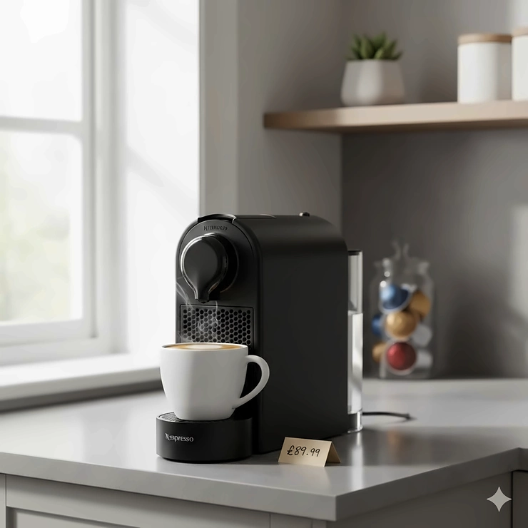 A compact Nespresso coffee machine sitting on a grey kitchen worktop next to a white ceramic mug, highlighting affordable espresso makers under £100. nespresso machine under £100