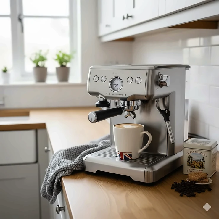 A high-end semi-automatic espresso machine on a modern British kitchen worktop with a freshly poured latte. semi automatic espresso machine