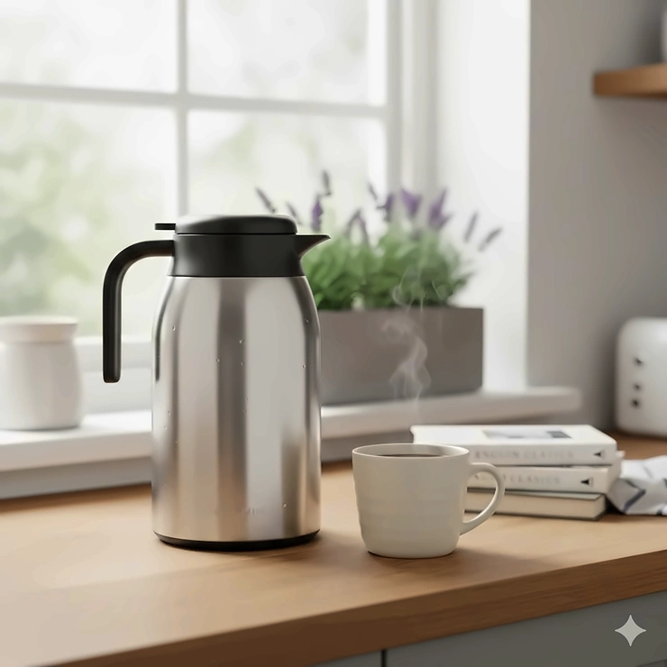 A modern thermal carafe coffee maker on a wooden kitchen worktop next to a porcelain mug. thermal carafe coffee maker