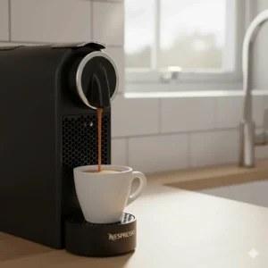 Close-up of espresso flowing from a Nespresso machine into a small demitasse cup.