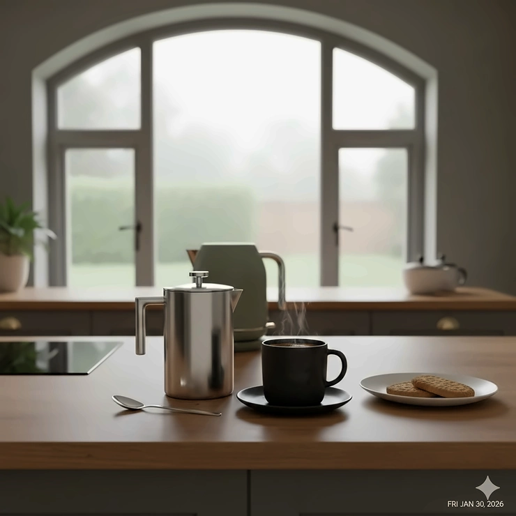 A stylish stainless steel cafetiere sitting on a wooden kitchen worktop next to a ceramic mug of steaming black coffee and a plate of biscuits. cafetiere buying guide