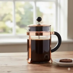 A classic 8-cup glass cafetiere with a copper frame and black handle, filled with fresh coffee.