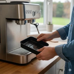 A person removing the drip tray of an espresso machine for easy cleaning and maintenance.
