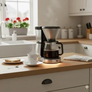 A hand wiping the water reservoir of a filter coffee machine to prevent limescale buildup.
