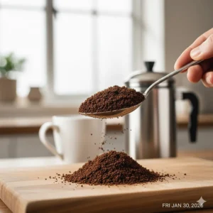 A silver spoon holding coarse ground coffee over a wooden surface to demonstrate the ideal texture for brewing in a cafetiere.
