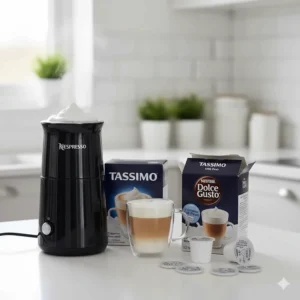 A comparison of a Nespresso Aeroccino milk frother alongside Dolce Gusto and Tassimo powdered milk capsules.
