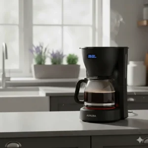 The non-stick hot plate of a programmable coffee machine keeping a full carafe of coffee at the optimum temperature.