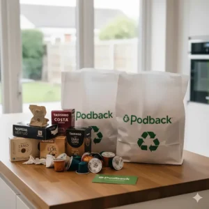 An illustration of the Podback recycling scheme bags used in the UK for disposing of Nespresso, Tassimo, and Dolce Gusto pods.
