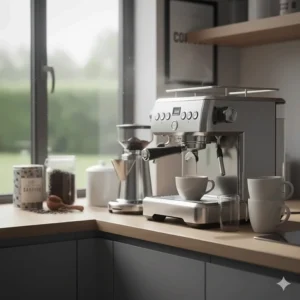 A stylish home coffee station featuring an espresso machine under £500, a grinder, and ceramic mugs.