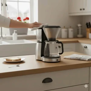 A small, space-saving filter coffee machine sitting neatly in a compact UK apartment kitchen.