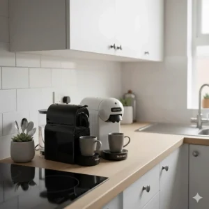 A Tassimo Finesse and Nespresso Pixie placed in a small British kitchen to demonstrate the space-saving designs of pod machines.