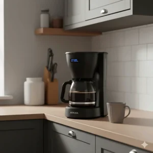 A compact programmable coffee maker with timer tucked neatly into a small British kitchen corner under a cupboard.