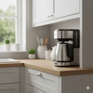 A compact thermal carafe coffee machine fitting neatly under standard UK kitchen cabinets.