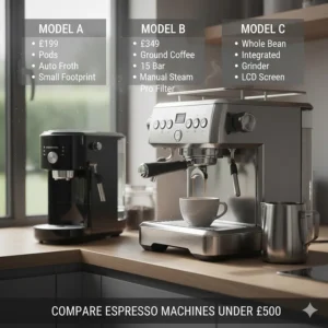 An infographic comparing the key features and dimensions of three espresso machines under £500.