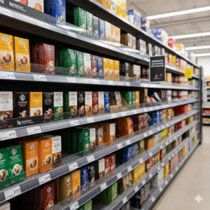 A display of various UK supermarket-brand coffee capsules that are compatible with the Nespresso Original Line system.