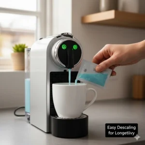 A close-up demonstration of how to descale a Nespresso Essenza Mini to maintain coffee quality in hard water areas.