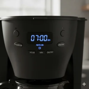Close-up of the digital LCD display on a programmable coffee maker showing the Auto-on timer set for 07:00 AM.