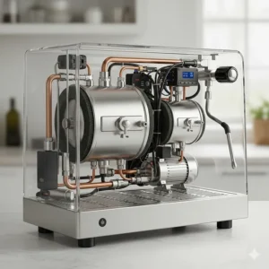 A technical diagram showing the separate steam and brew boilers inside a dual boiler espresso machine.