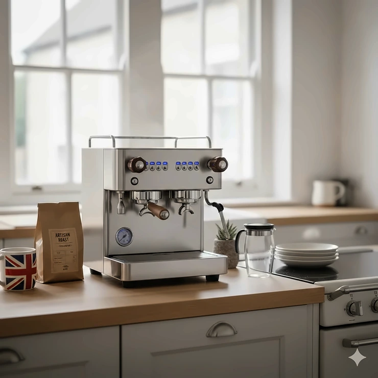 A premium dual boiler espresso machine sitting on a modern wooden kitchen worktop next to a bag of fresh coffee beans. dual boiler espresso machine