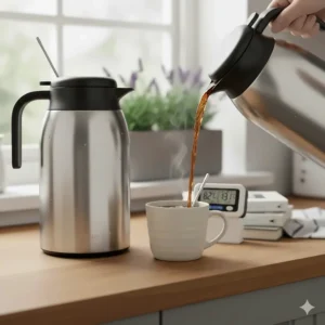 Close-up of a drip-free spout pouring fresh coffee from a thermal jug into a teacup.