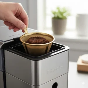 A reusable permanent gold-tone filter being lifted out of a grind and brew coffee machine to show a waste-free brewing process.