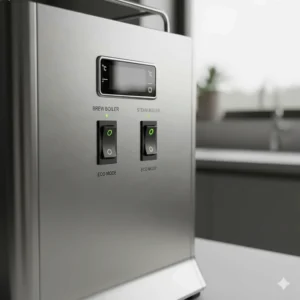 An illustration highlighting the individual boiler power switches for energy-saving use on a modern espresso machine.