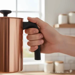 A detailed close-up of a hand holding the ergonomic, cool-touch black handle of a modern copper-coloured cafetiere.