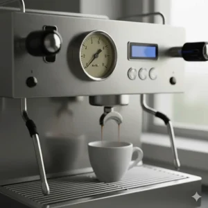 The needle of a pressure gauge on a dual boiler espresso machine pointing to 9 bars during a perfect extraction.