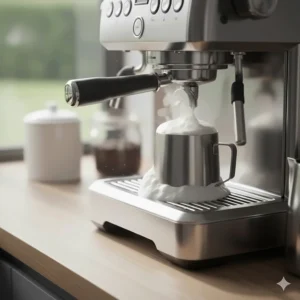 Close-up of a steam wand frothing milk in a stainless steel jug for a latte or flat white.