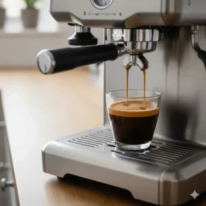A rich espresso shot extracting from a semi-automatic machine into a glass demitasse cup with thick crema.