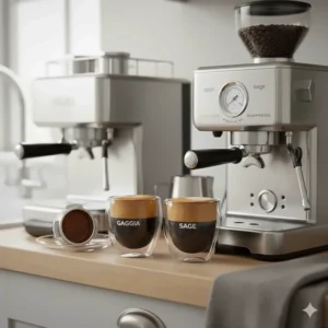A fresh double shot of espresso with thick crema served in a glass cup, comparing the extraction of both machines.