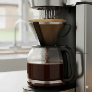 Hot water dripping through a filter into a large capacity coffee machine jug, British English styling.