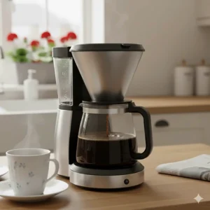 Close-up of a glass jug being filled with freshly brewed coffee from a filter coffee machine.