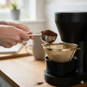 A filter coffee machine with a built-in warming plate keeping a full jug of coffee hot.