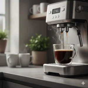 A steaming hot black coffee in a glass cup, freshly prepared by an automatic grind and brew machine.