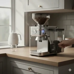 Front-loading water tank being removed, showing how the machine fits easily under low kitchen cupboards.