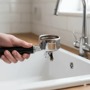 A heavy-weight 58mm chrome-plated brass portafilter from the Gaggia Classic Pro held over a kitchen sink.