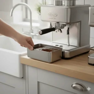 A high-capacity stainless steel drip tray being removed from the base of a Gaggia Classic Pro espresso machine.
