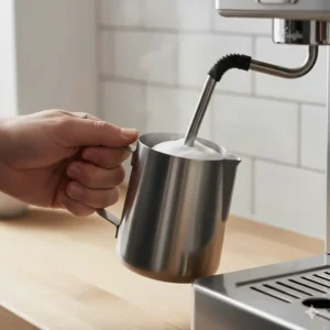 The commercial-style two-hole steam wand of the Gaggia Classic Pro frothing milk in a stainless steel jug.