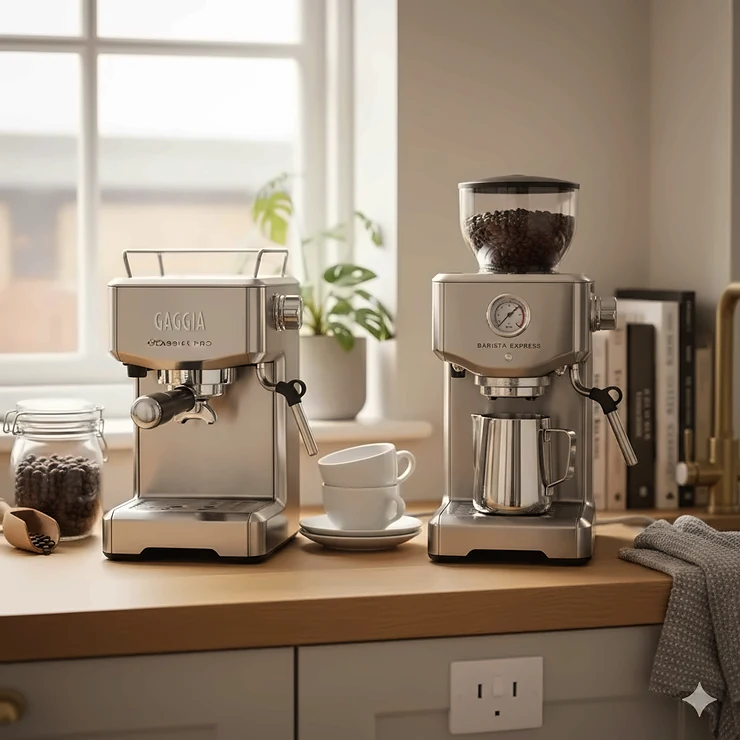 A side-by-side comparison of the Gaggia Classic Pro in brushed stainless steel and the Sage Barista Express on a wooden kitchen worktop. gaggia classic pro vs sage barista express