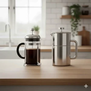 A side-by-side comparison of a traditional borosilicate glass cafetiere and a modern double-walled stainless steel insulated coffee maker.