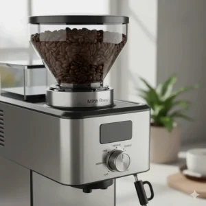 Close-up of fresh roasted coffee beans inside the hopper of a grind and brew coffee machine with adjustable settings.