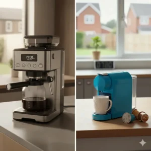 A side-by-side comparison of a grind and brew coffee machine and a standard pod machine on a kitchen counter.