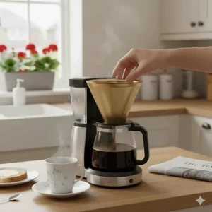 Measuring a spoonful of medium-grind coffee into the filter basket of a black filter coffee machine.