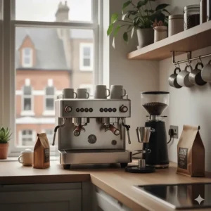 A stylish home coffee station in a UK apartment featuring a dual boiler espresso machine and a high-end burr grinder.