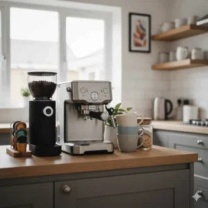 A stylish home coffee station setup in a British kitchen featuring a beginner espresso machine, coffee accessories, and ceramic mugs.