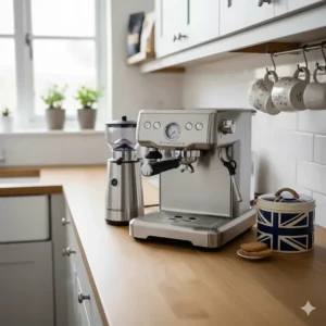 A stylish home coffee station featuring a semi-automatic espresso machine next to a burr grinder and a ceramic biscuit tin.