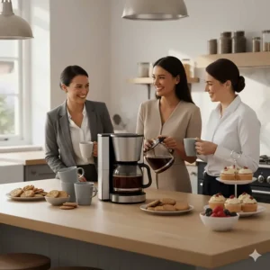 A host pouring coffee for guests from a large capacity 12 cup machine during a British coffee morning with cakes.