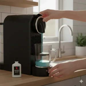 A homeowner descaling a Nespresso machine to maintain performance and coffee flavour.