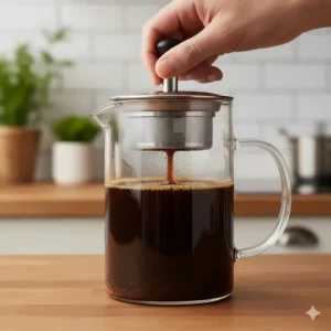 A close-up view of a person using a cafetiere, showing a hand gently pressing the plunger through the hot water and coffee grounds.